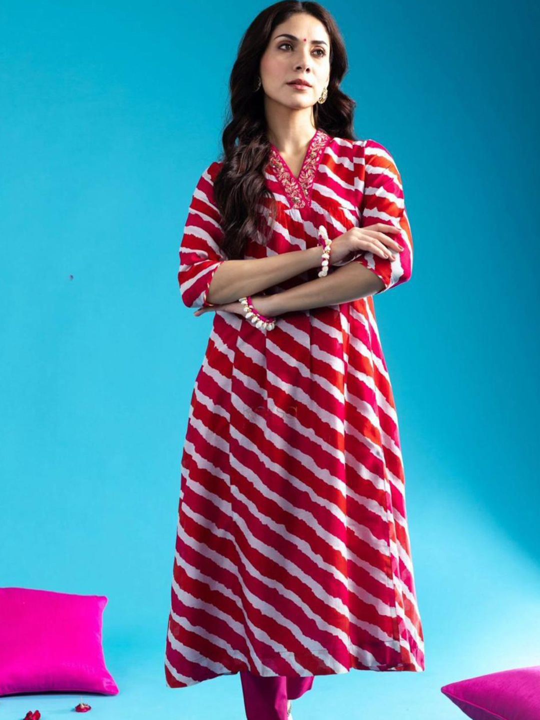 

KALINI Women Leheriya Printed Regular Sequinned Pure Cotton Kurta with Trousers, Red
