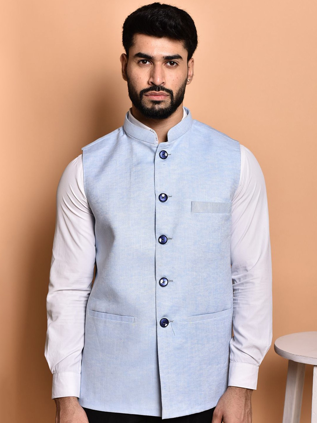 

PRINTCULTR Woven Nehru Jacket, Blue