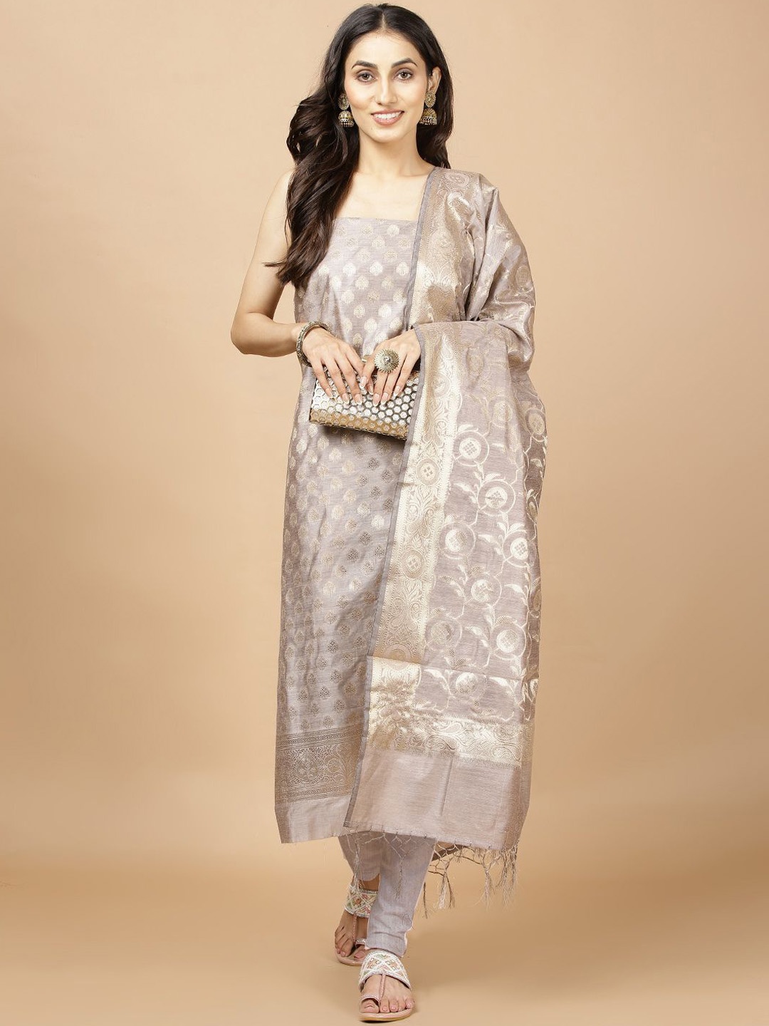 

Meena Bazaar Floral Woven Design Art Silk Unstitched Dress Material, Grey