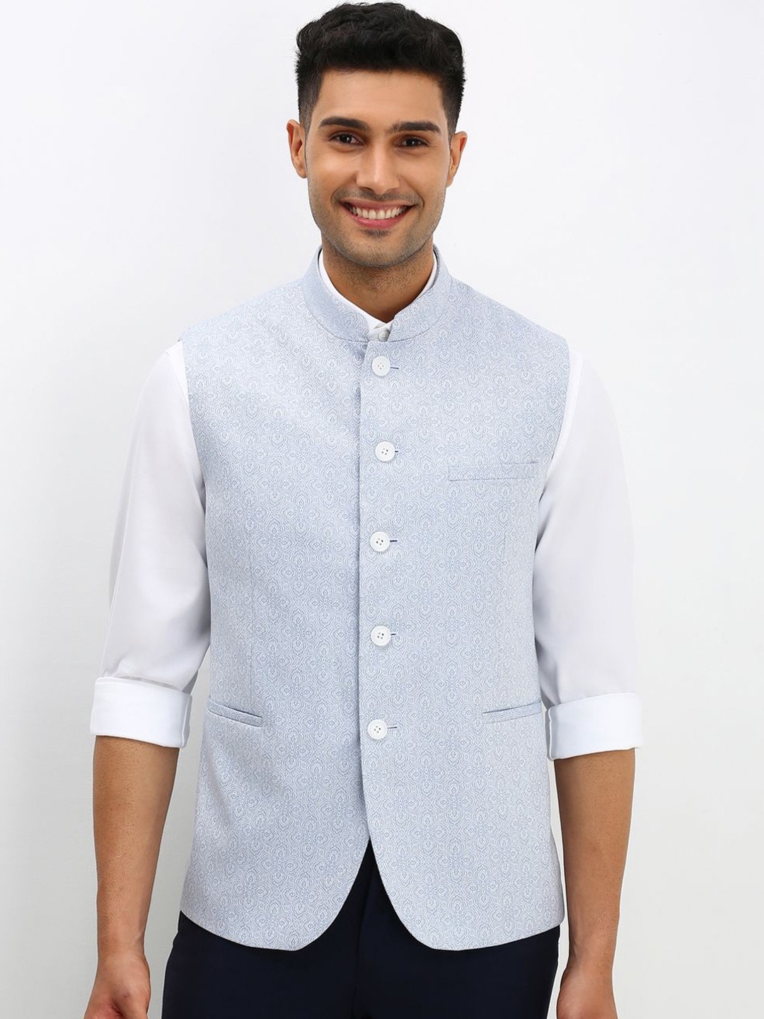 

Allen Solly Men Printed Woven Nehru Jacket, Grey