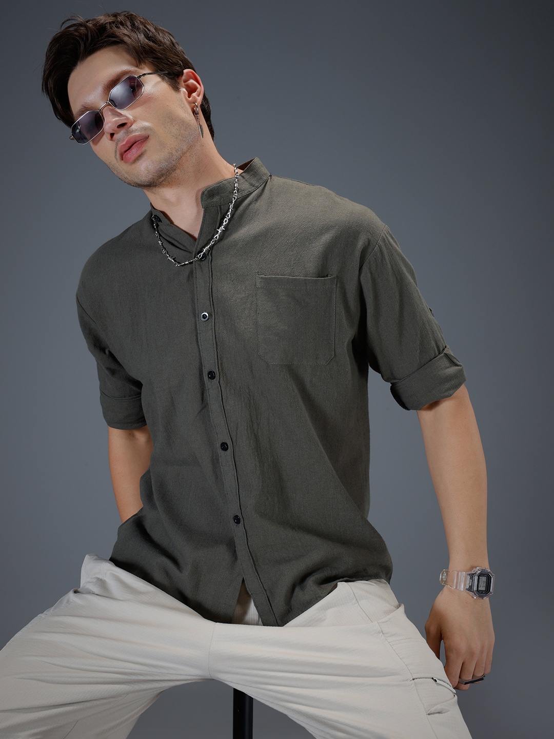 

SOKO STREET Band Collar Drop-Shoulder Sleeves Relaxed Fit Casual Shirt, Olive