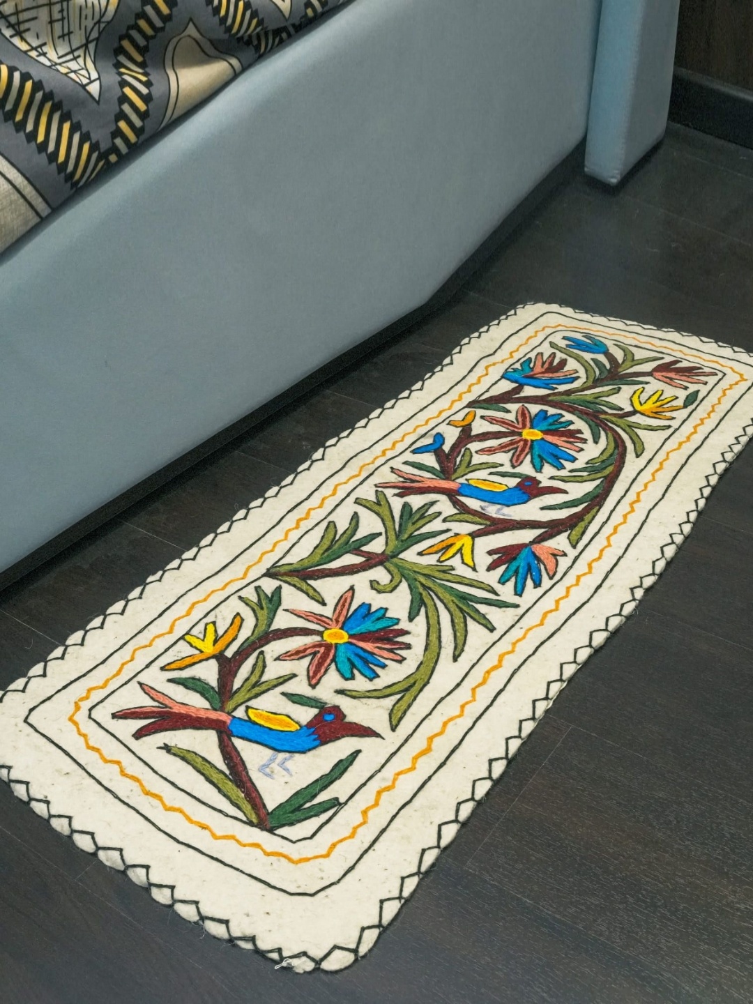 

Swadeh White Ethnic Motifs Embroidered Woollen Floor Runner