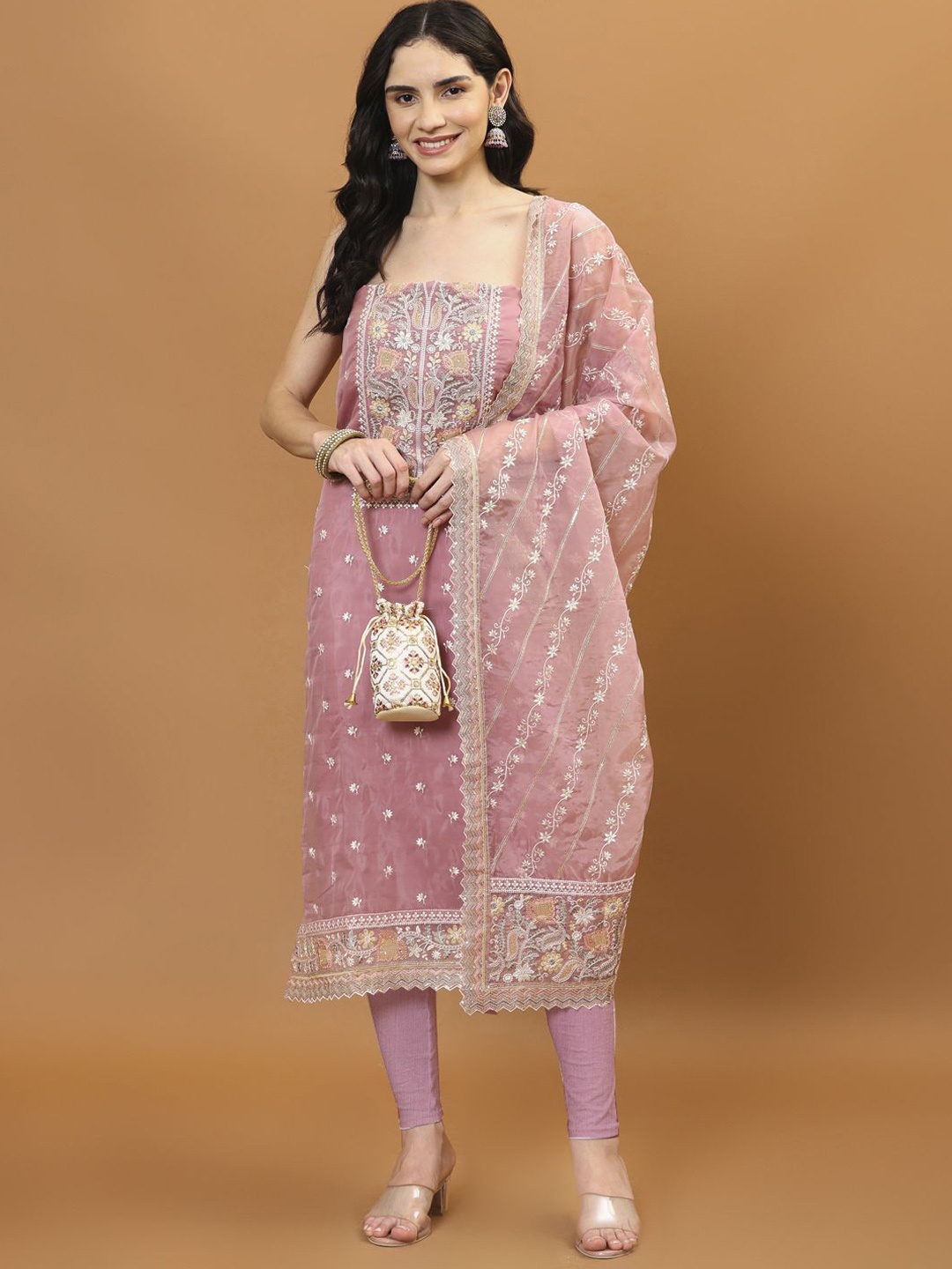 

Meena Bazaar Embroidered Organza Unstitched Dress Material, Pink