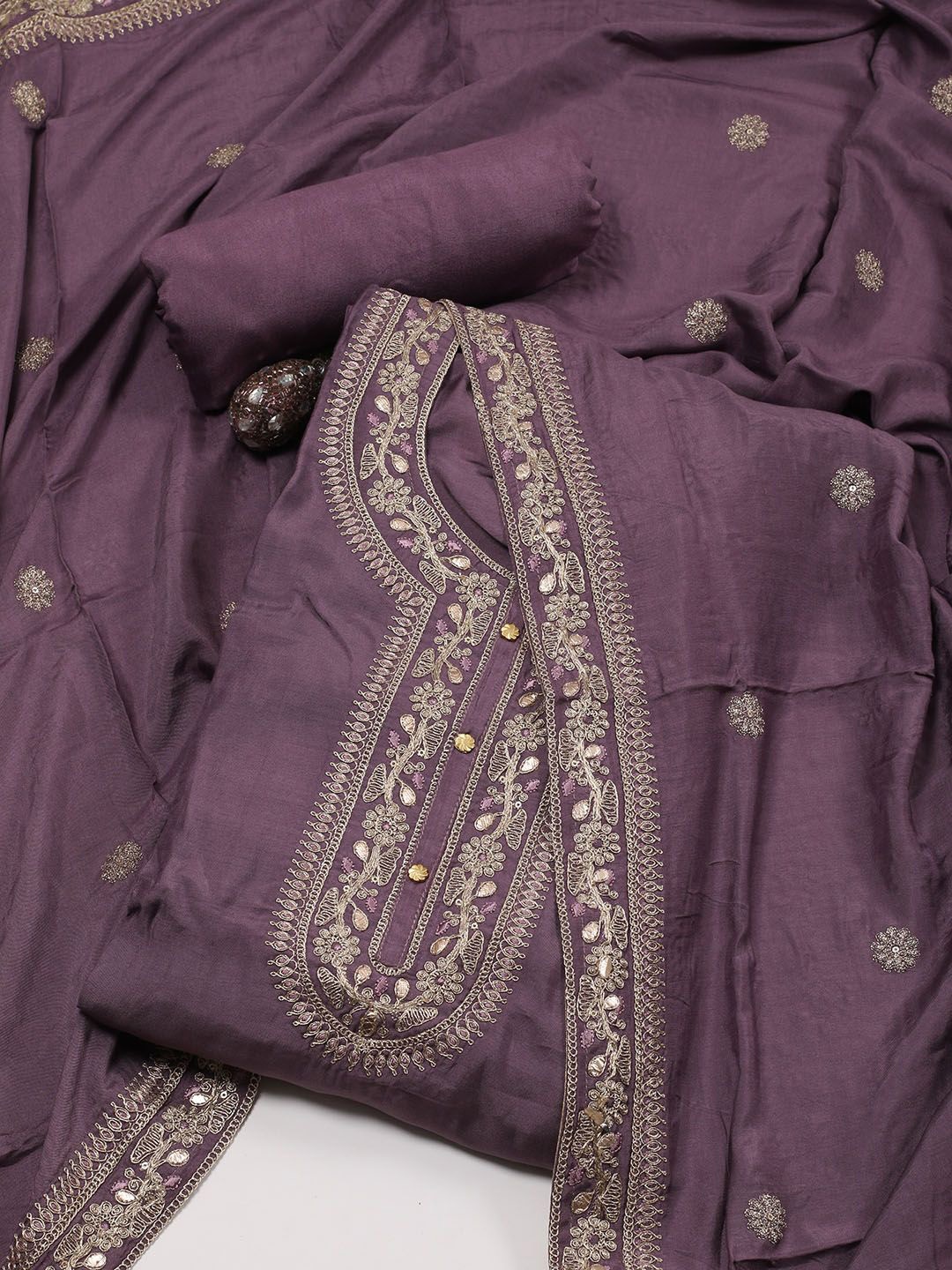 

Meena Bazaar Embroidered Art Silk Unstitched Dress Material, Purple