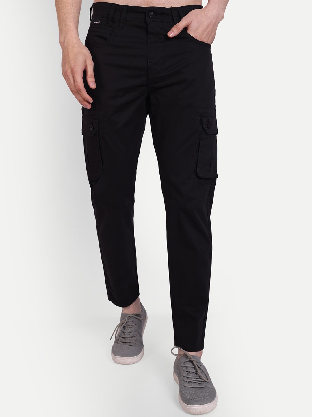 

MEGHZ Men Urban Slim Mid-Rise Slim Fit Cotton Cargos Trousers, Black