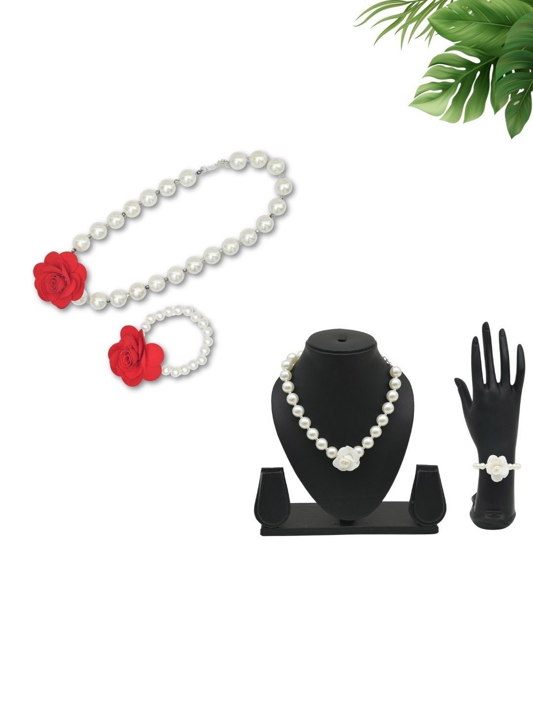 

FUNKRAFTS Pack Of 2 Floral Beaded Necklace With Bracelet Set, White