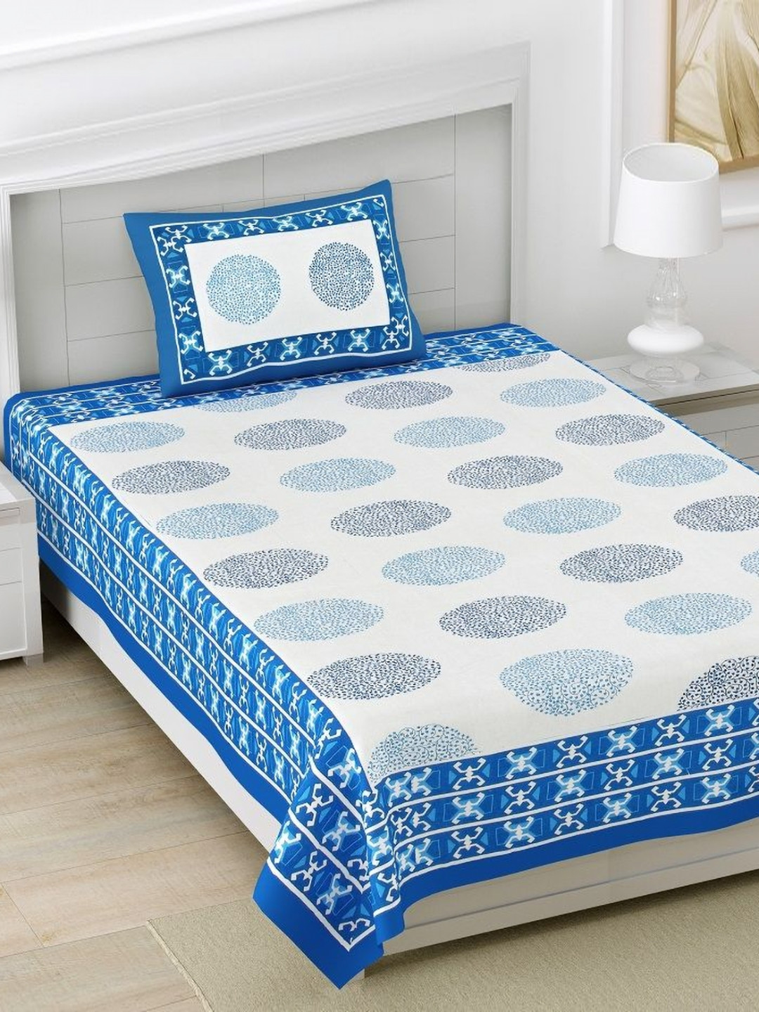

HOMELINE Blue & White Geometric 160 TC Cotton Single Bedsheet With 1 Pillow Cover