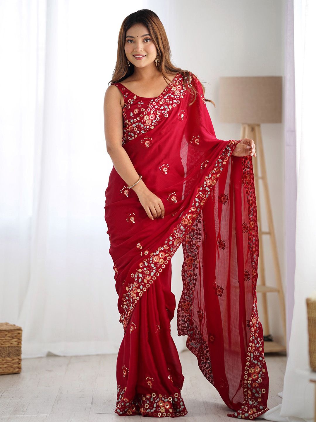 

Sangria Embroidered Saree With Blouse, Red