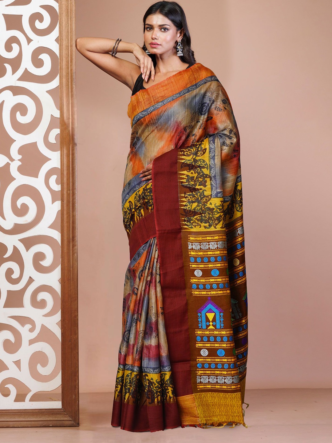 

Unnati Silks Ethnic Motifs Pure Silk Handloom Tussar Saree, Brown