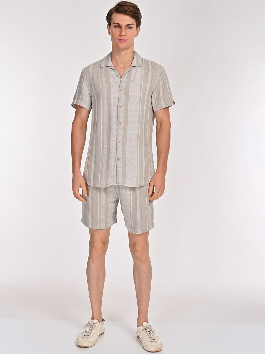 

POE Striped Pure Cotton Shirt With Shorts Co-Ords, Grey