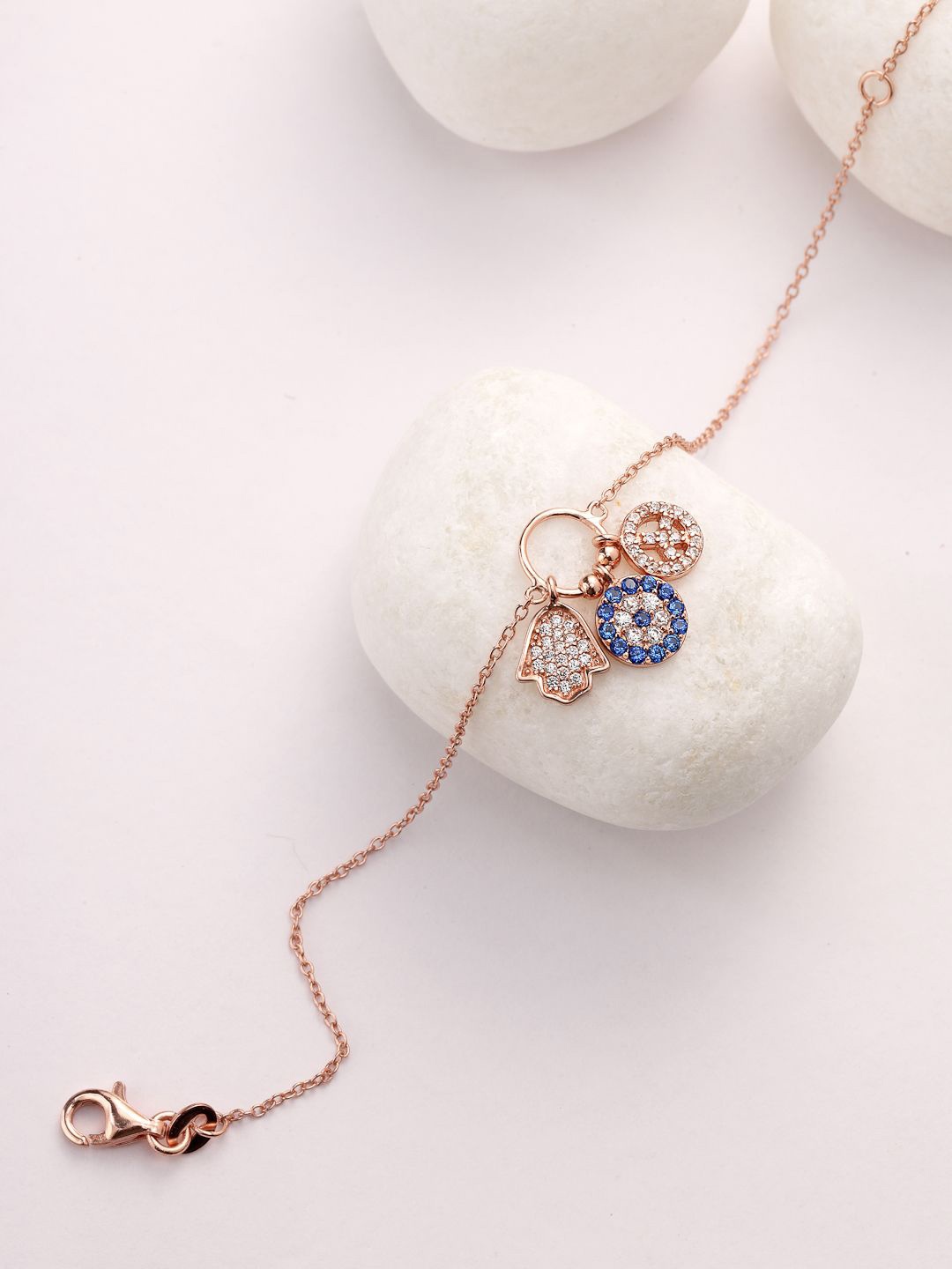 

PANASH 925 Sterling Silver Rose Gold-Plated CZ-Studded Charm Bracelet