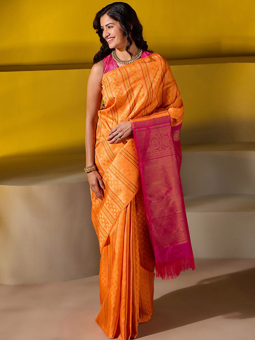 

Taneira Woven Design Zari Pure Silk Kanjeevaram Saree, Orange
