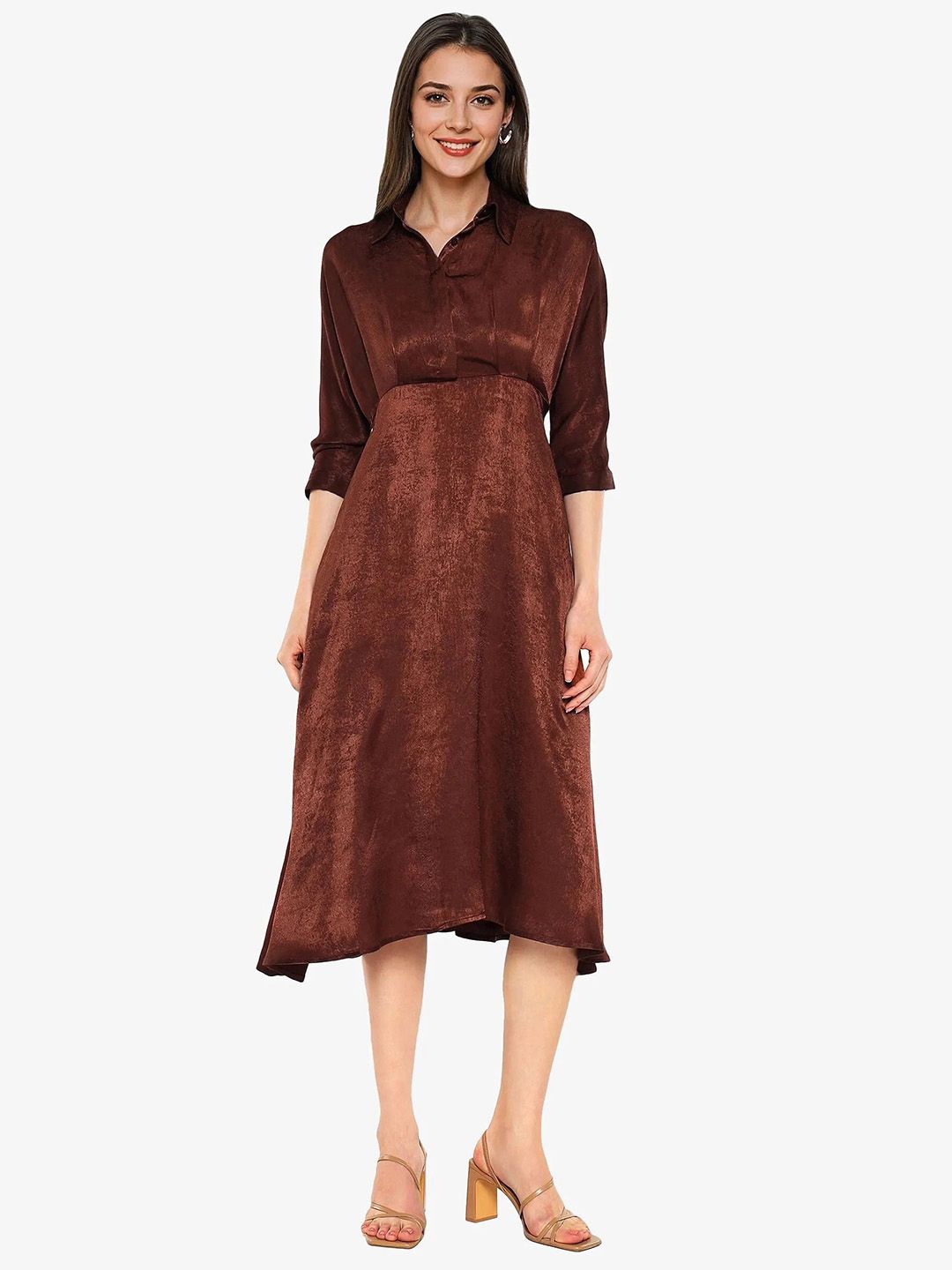 

RAREISM Shirt Collar A-Line Midi Dress, Brown