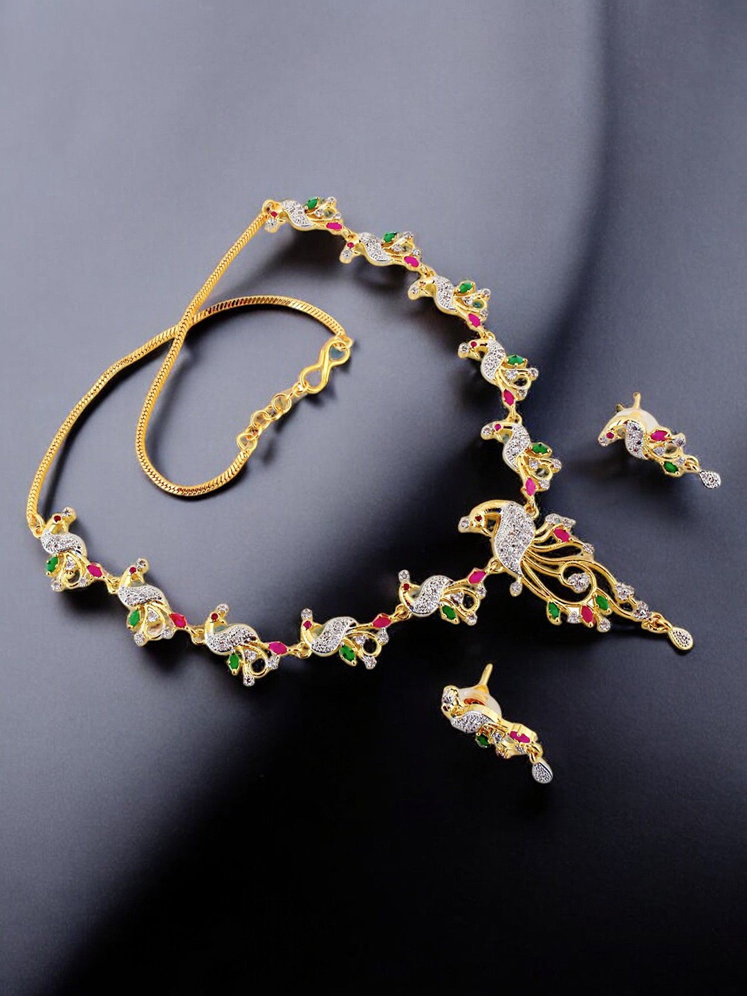 

LUCKY JEWELLERY 18K Gold Plated American Diamond Studded Jewellery Set