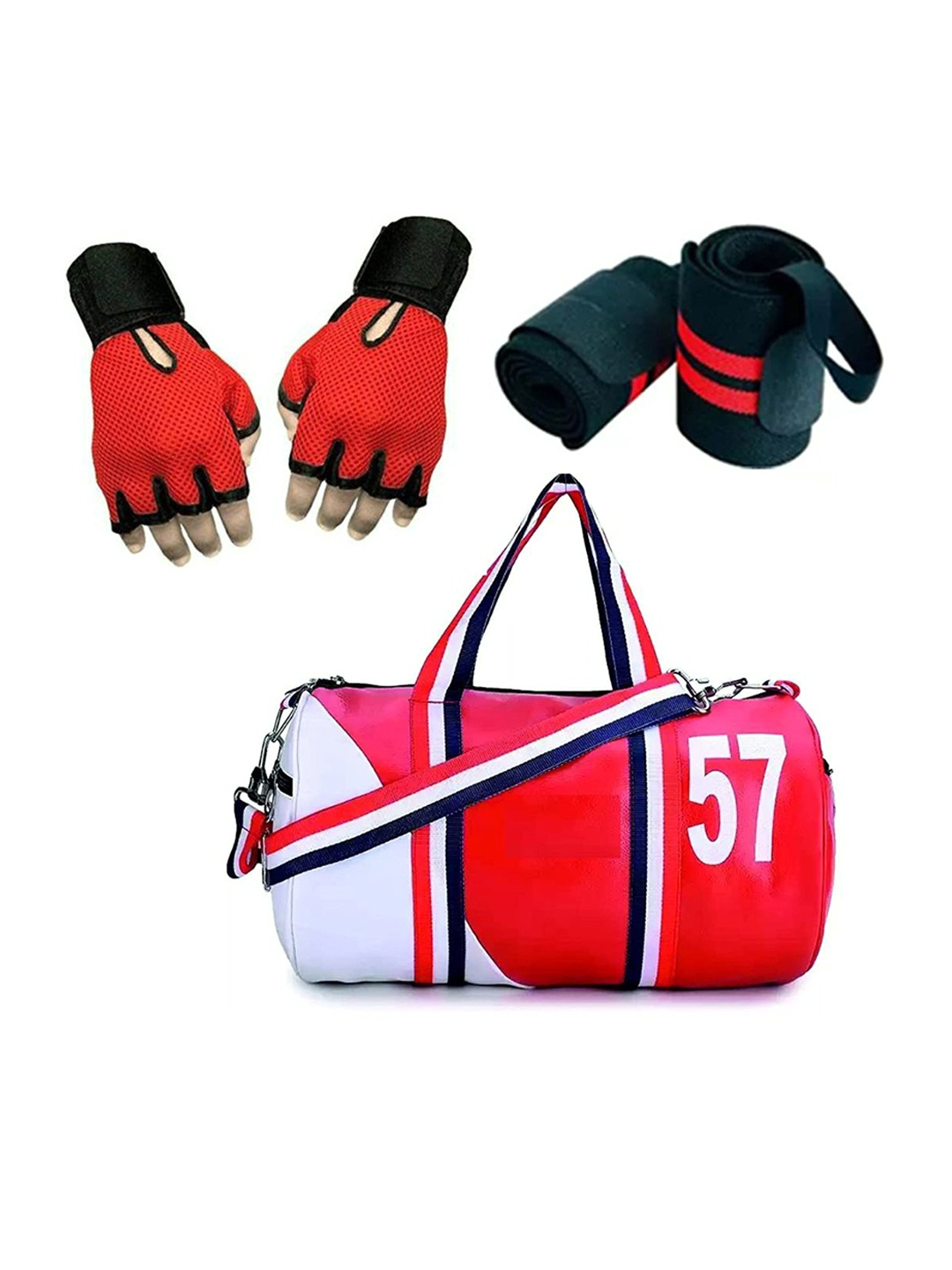 

GROUPERS Colourblocked Medium Foldable Sports Duffel Bag With Gloves & Wrist Band, Red