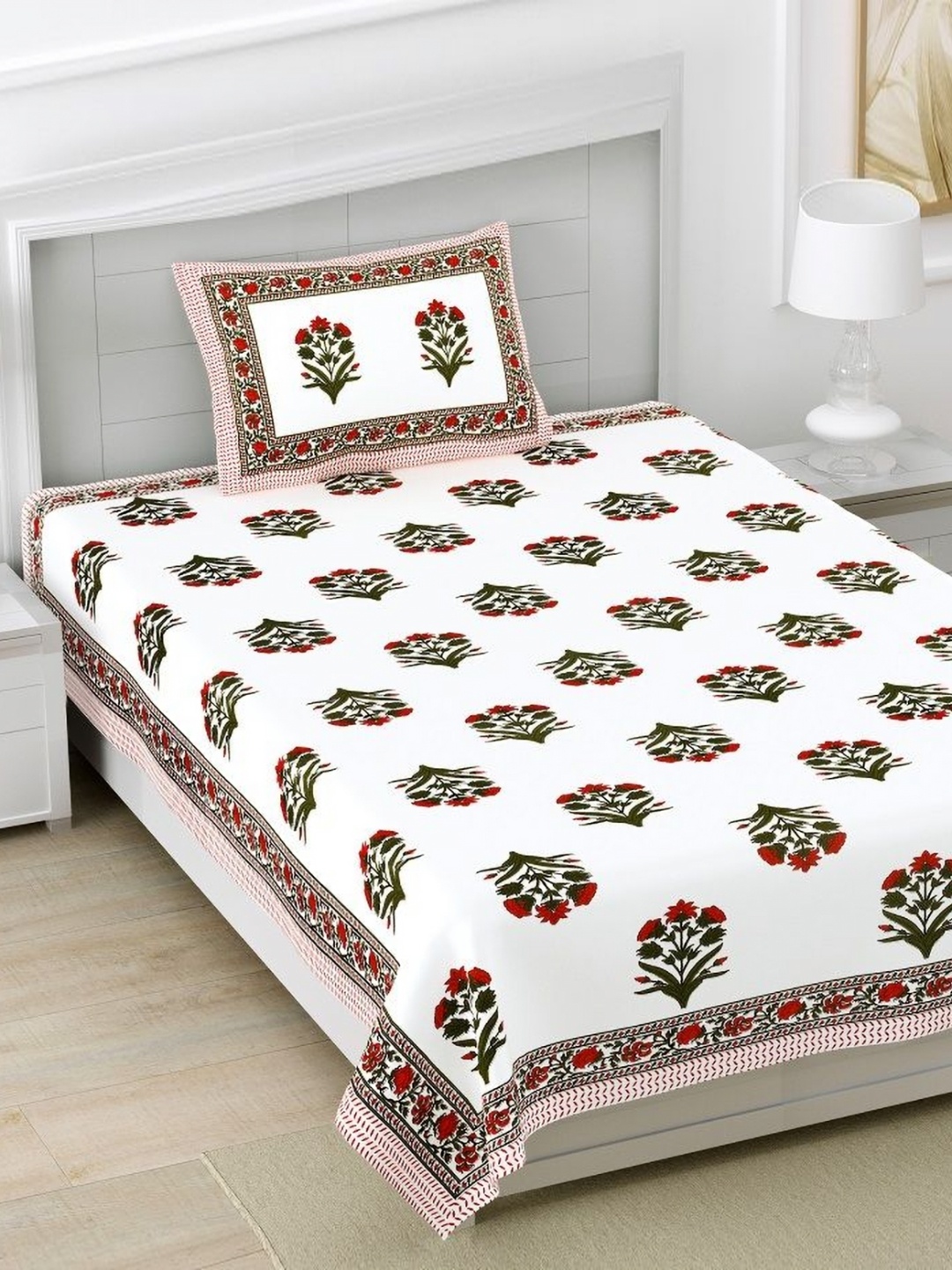 

HOMELINE Red & White Ethnic Motifs 160 TC Cotton Single Bedsheet With 1 Pillow Cover