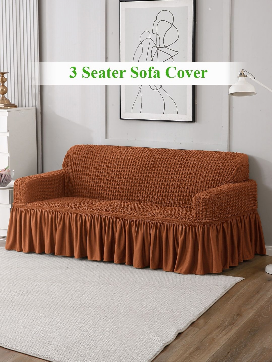 

HOKIPO Brown Self Design 3 Seater Stretchable Sofa Cover With Arms