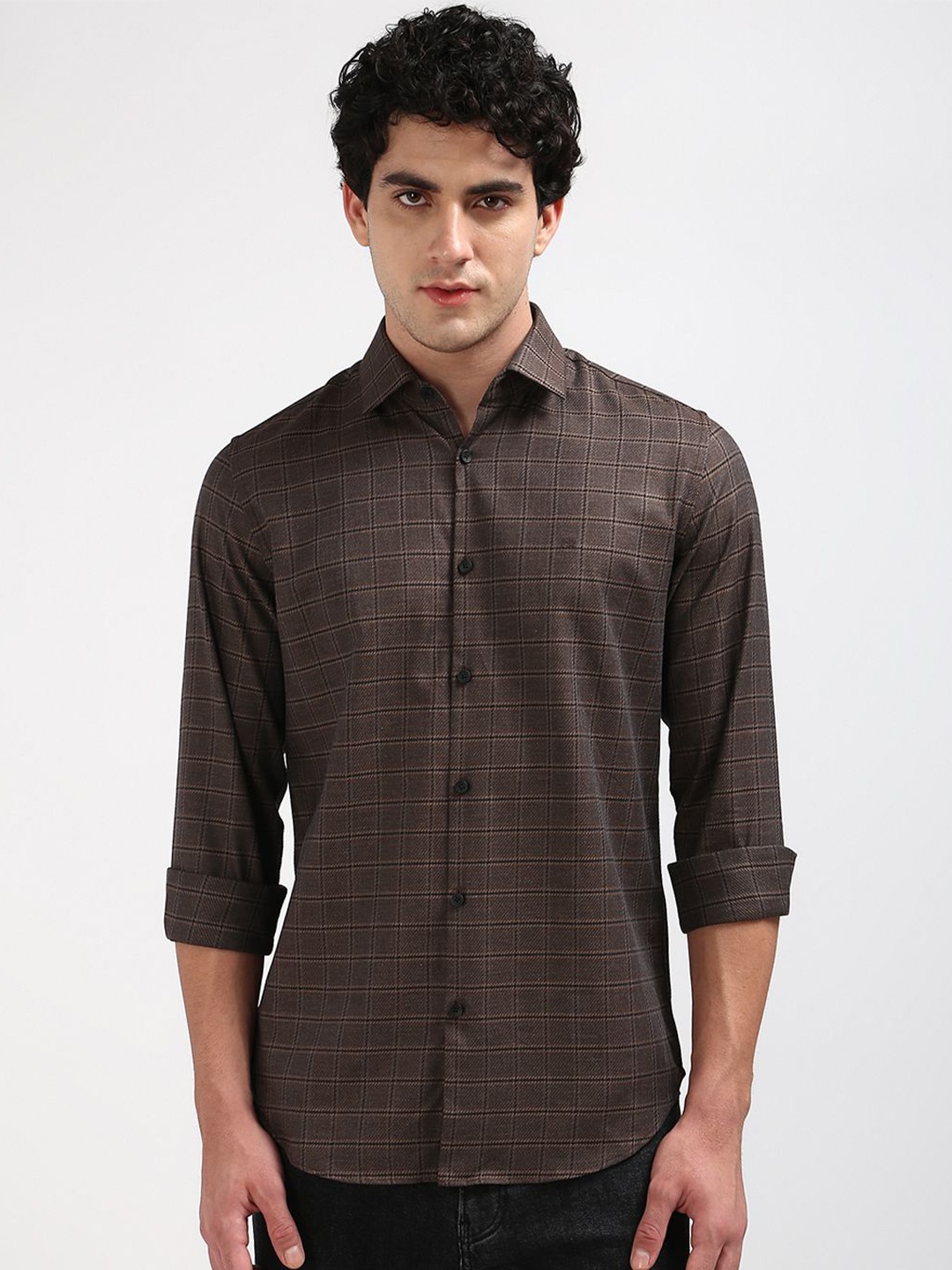 

Calvin Klein Jeans Men Spread Collar Micro Checked Cotton Casual Shirt, Brown