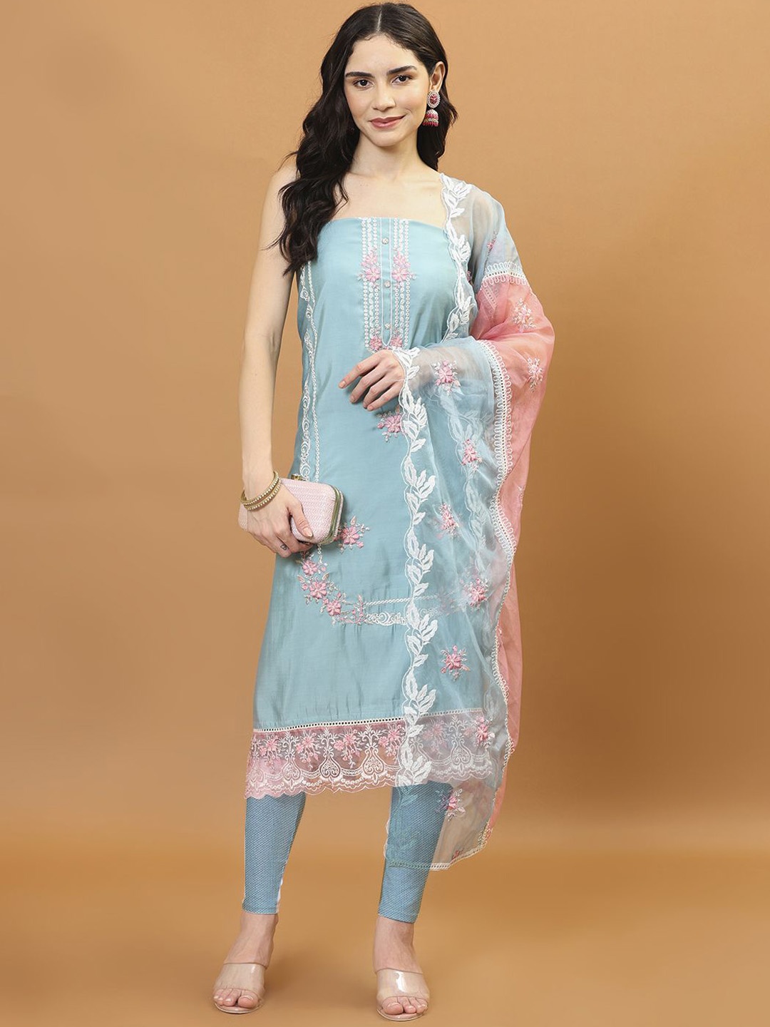 

Meena Bazaar Embroidered Art Silk Unstitched Dress Material, Blue