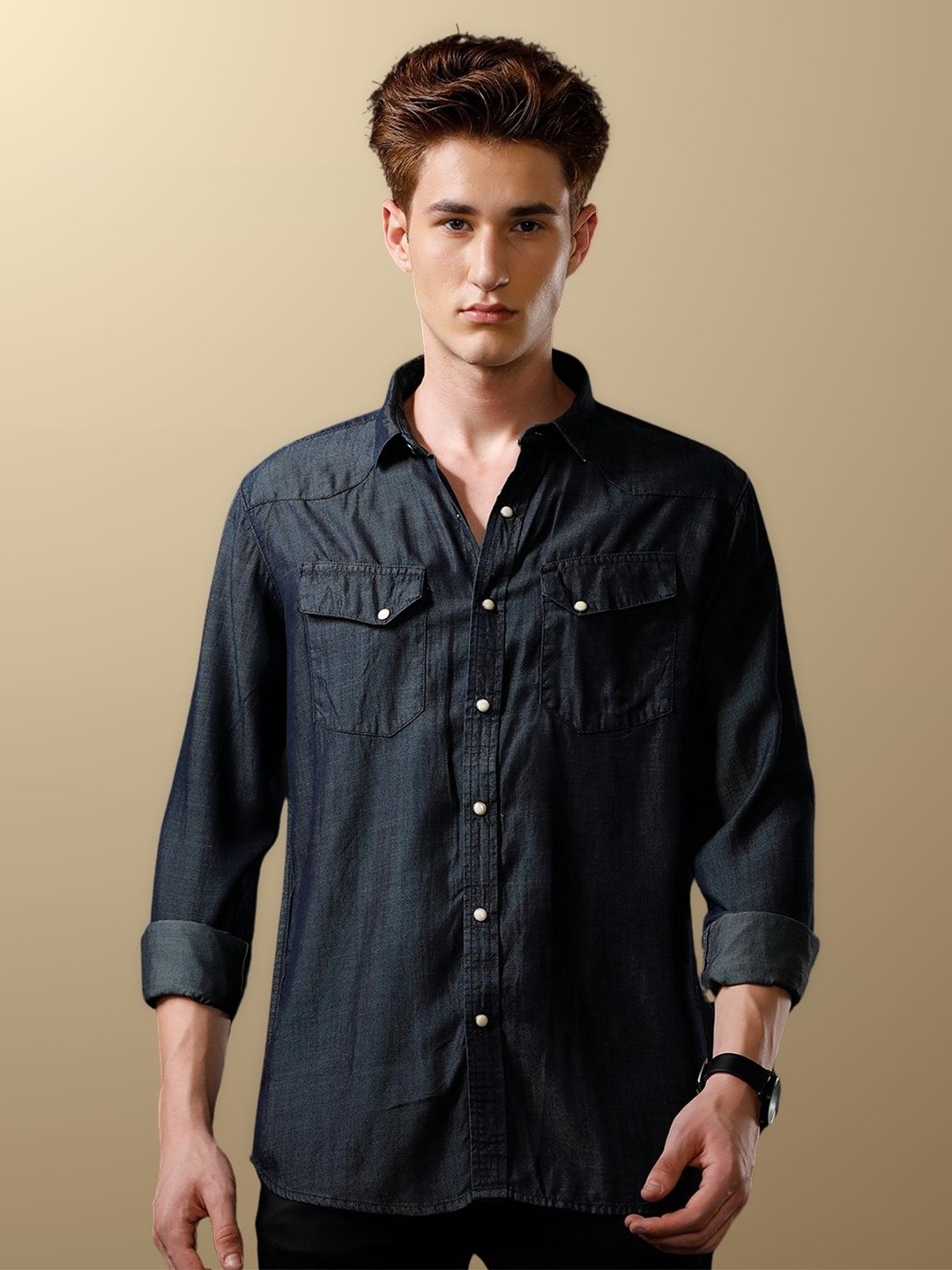 

TEMPLE OF DENIM Men India Slim Spread Collar Solid Denim Casual Shirt, Black