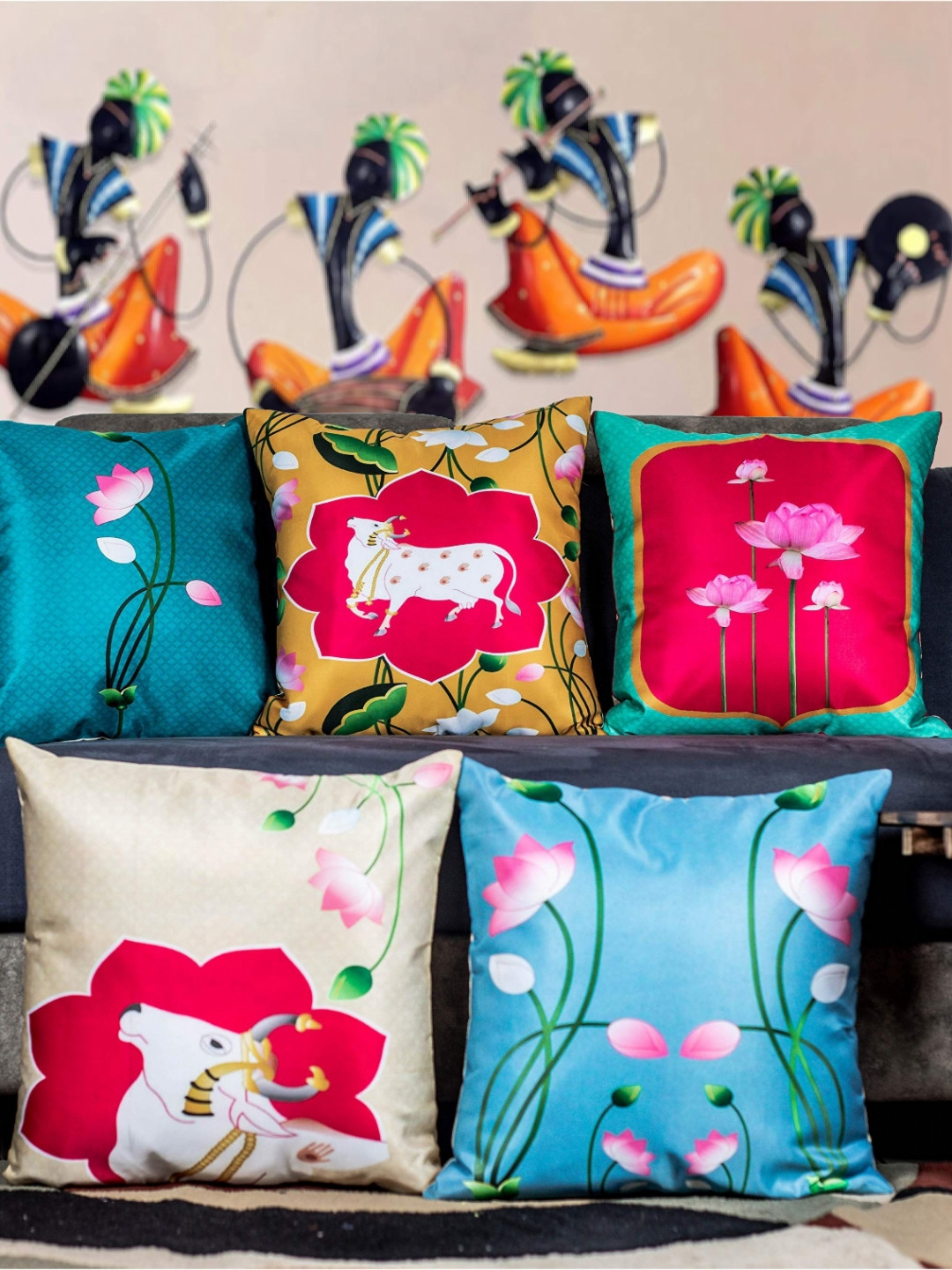 

Vendola Blue & Green 5 Pieces Ethnic Motifs Printed Satin Square Cushion Covers