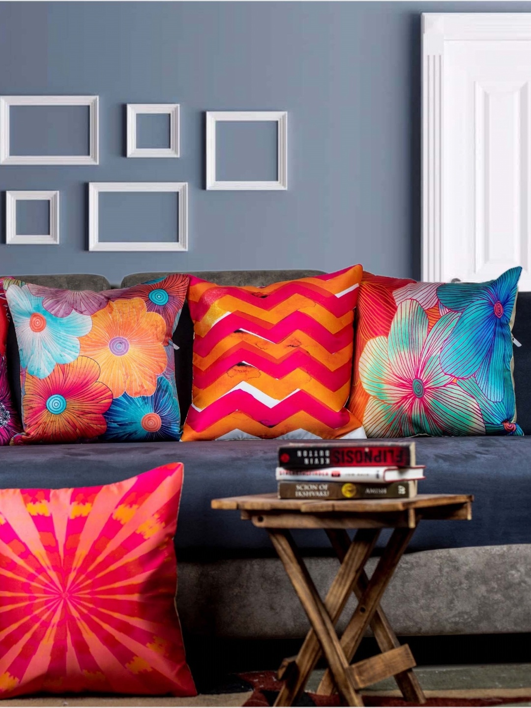 

Vendola Blue & Pink 5 Pieces Floral Printed Satin Square Cushion Covers