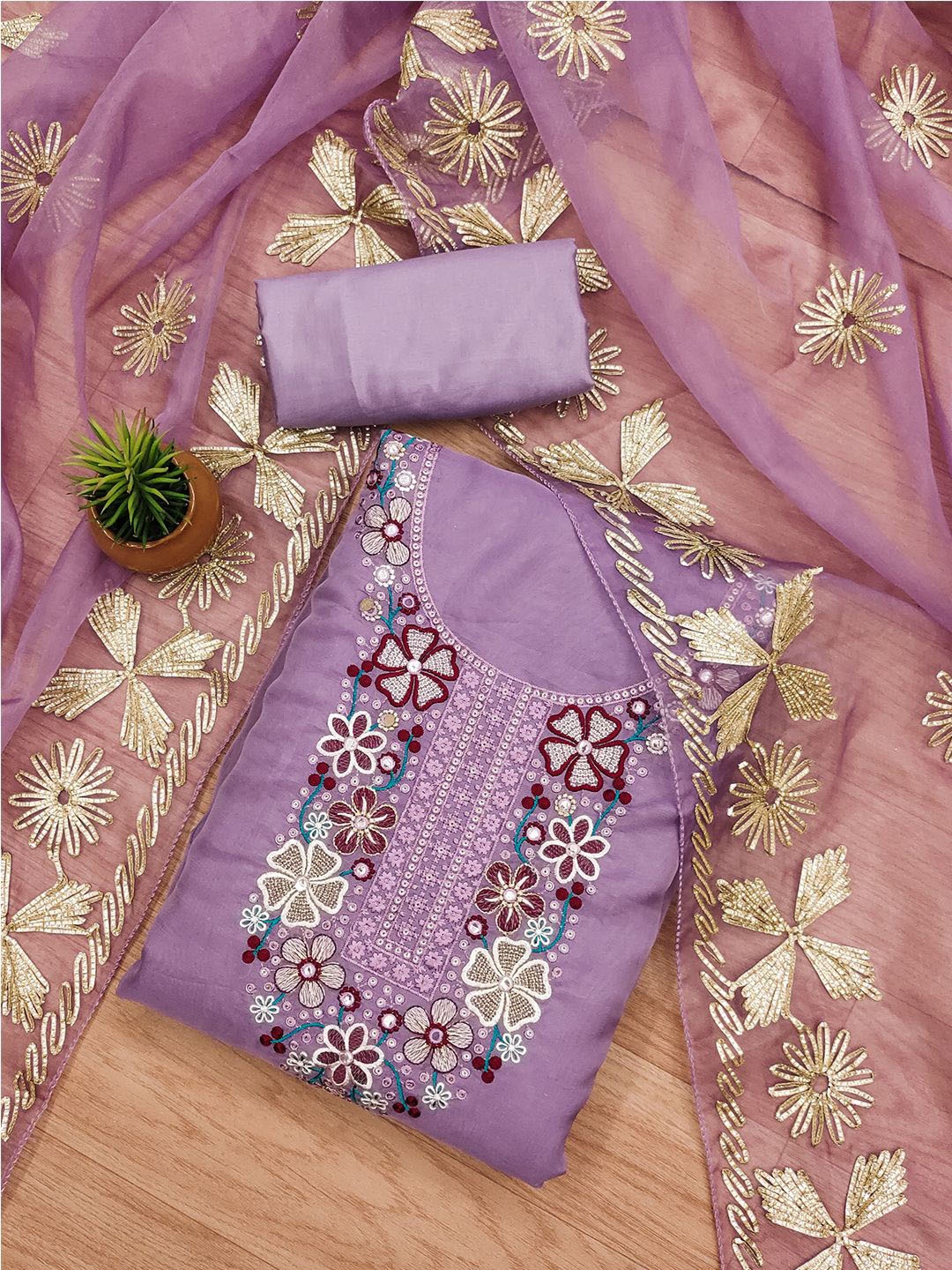 

Lilots Organza Unstitched Dress Material, Lavender