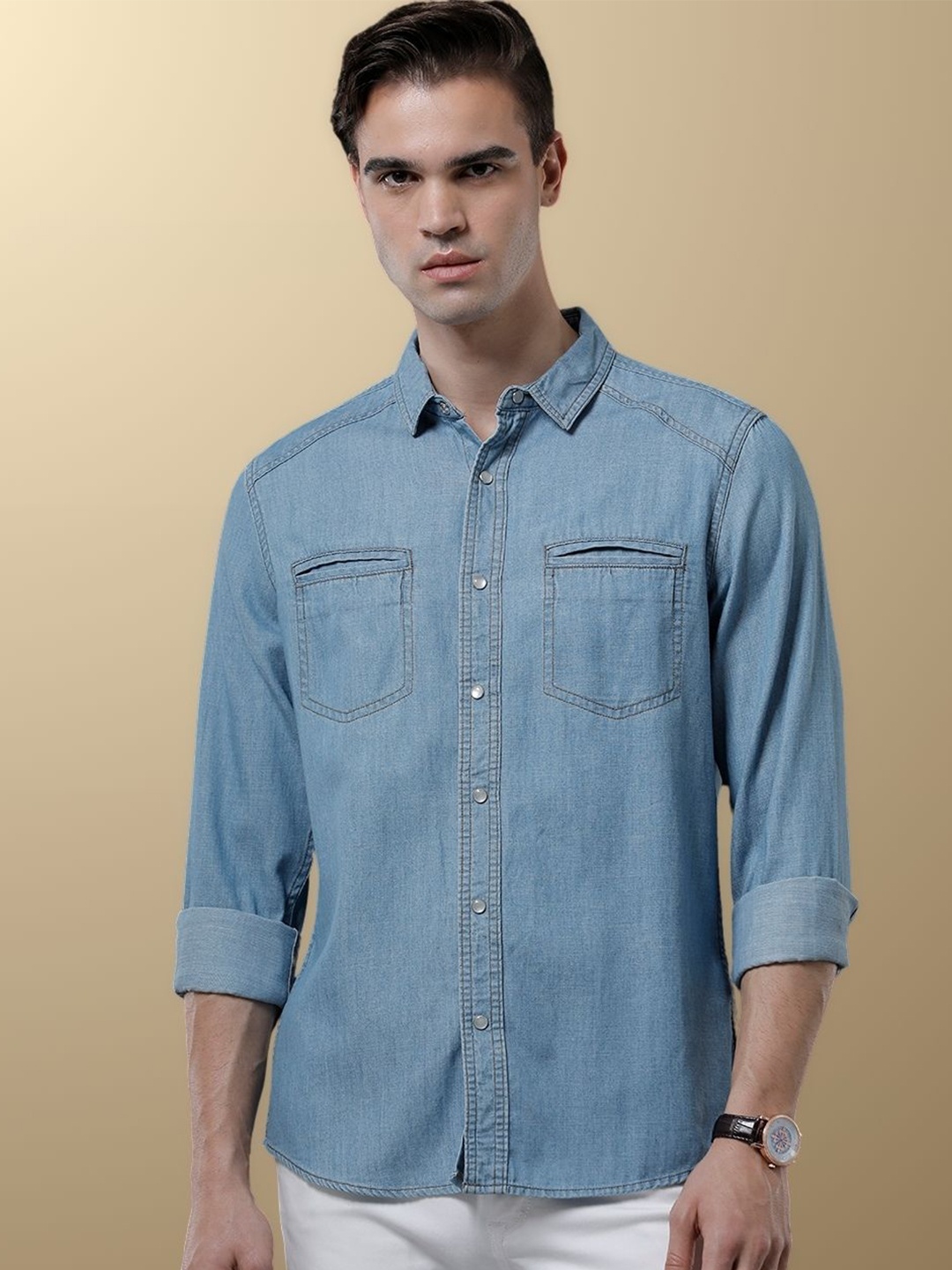 

TEMPLE OF DENIM Men India Slim Spread Collar Solid Denim Casual Shirt, Blue