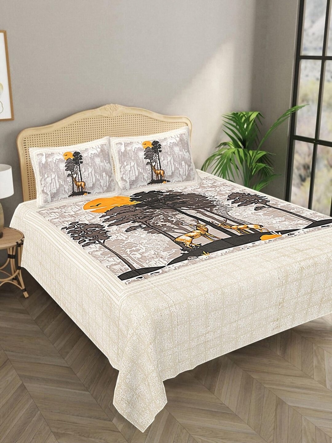 

Bombay Spreads Beige & Grey Conversational 144 TC King Bedsheet with 2 Pillow Covers