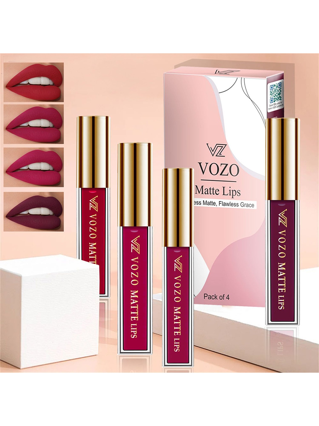 

VOZO Set Of 4 Stay-All-Day Matte Liquid Lipstick-4ml Each-104-105-106-201, Red