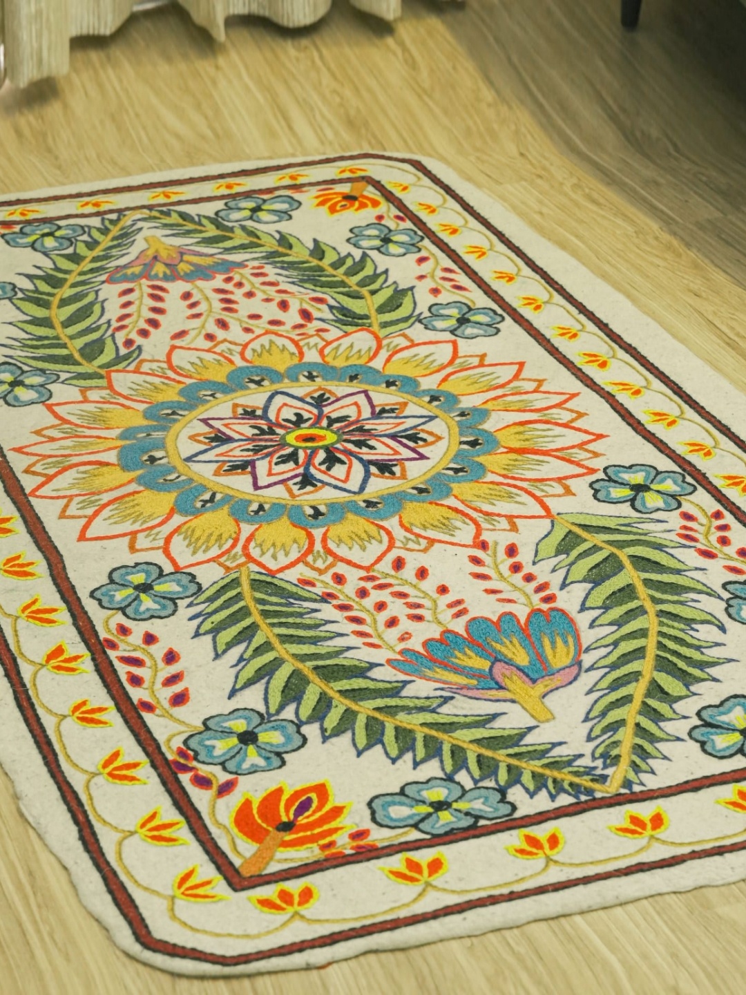 

Swadeh White & Green Ethnic Motifs Woollen Carpet