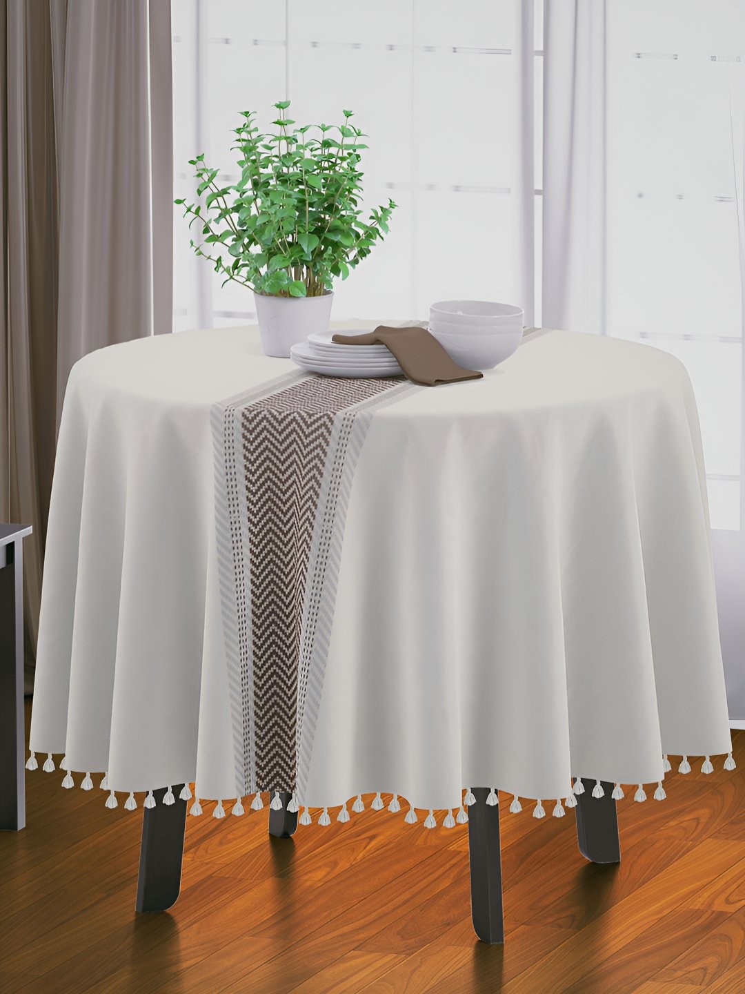 

HOME COLORS.IN Off White Striped Cotton Round 4-Seater Table Cover
