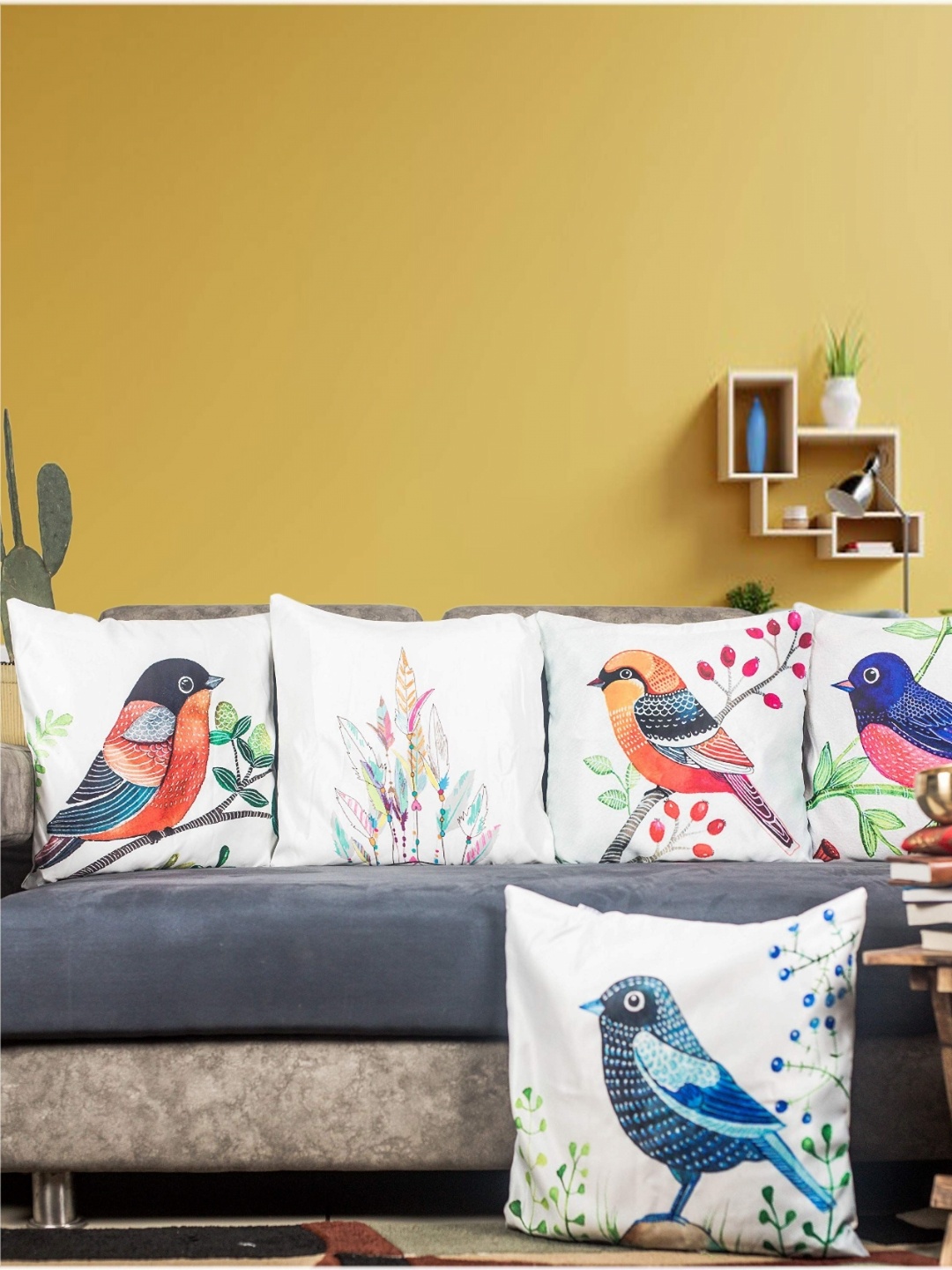 

Vendola White & Blue 5 Pieces Bird Square Cushion Covers