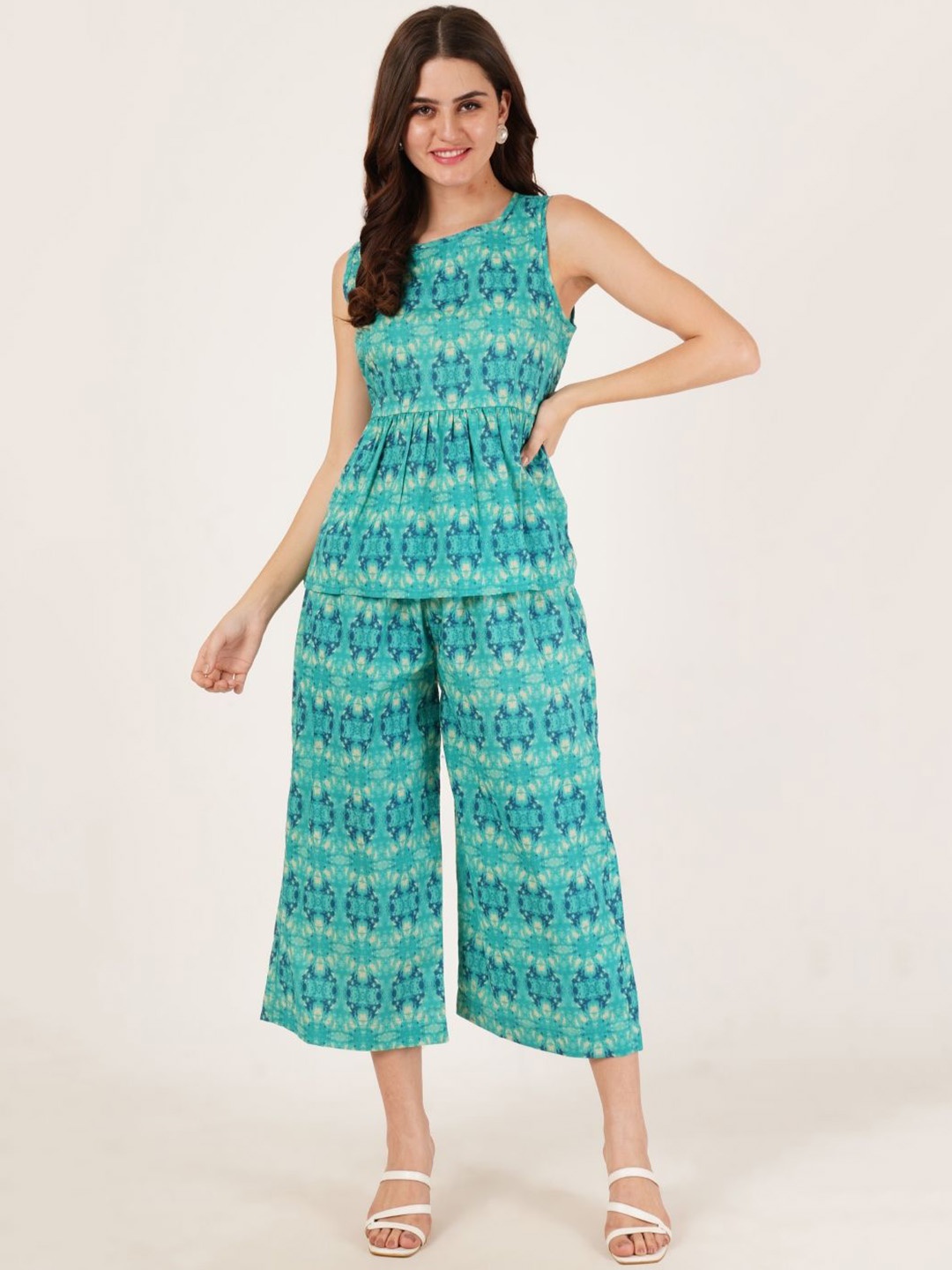 

KALINI Printed Pure Cotton Tunic With Trouser Co-Ords, Turquoise blue