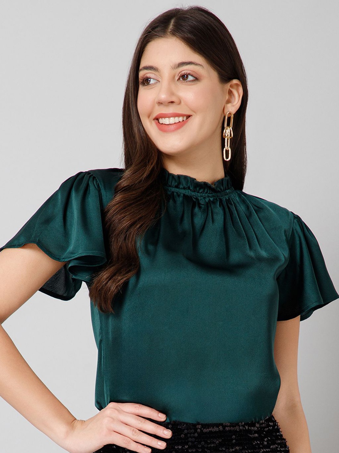 

PURYS WORKSPACE Flared Sleeve Satin Blouson Top, Green