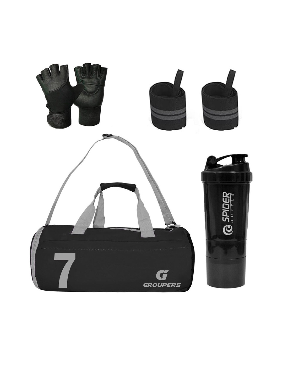 

GROUPERS Medium Foldable Sports Duffel Bag With Gloves Shaker Bottle & Wrist Band, Black