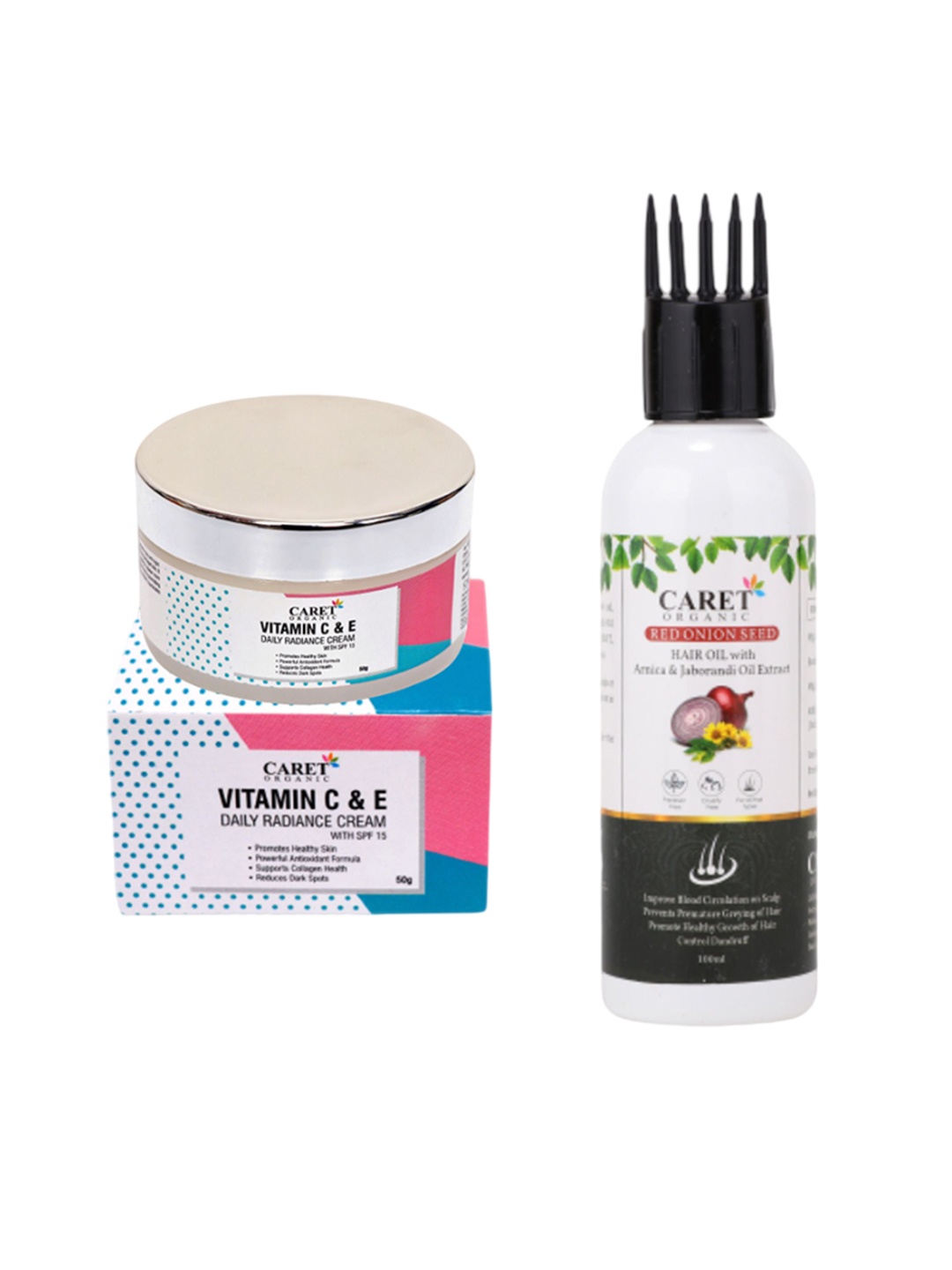 

CARET ORGANIC Vitamin C Radiance Cream-50g & Red Onion Seed Hair Oil-100ml, White
