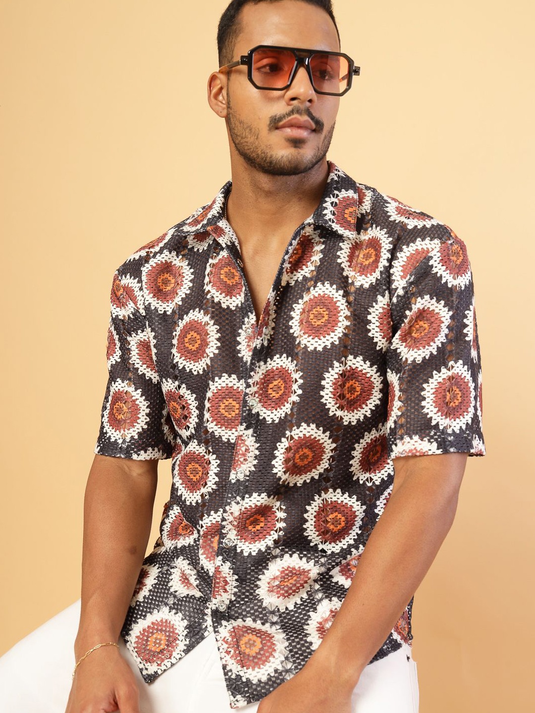 

Rigo Men Comfort Cuban Collar Floral Printed Cotton Casual Shirt, Orange