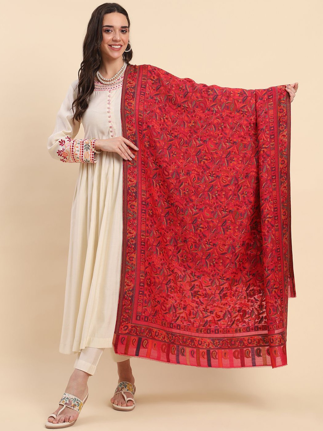 

La Vastraa Women Floral Woven Design Shawl, Pink