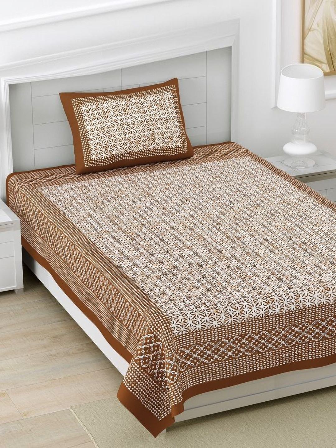 

HOMELINE Brown & White Ethnic Motifs 160 TC Cotton Single Bedsheet With 1 Pillow Cover