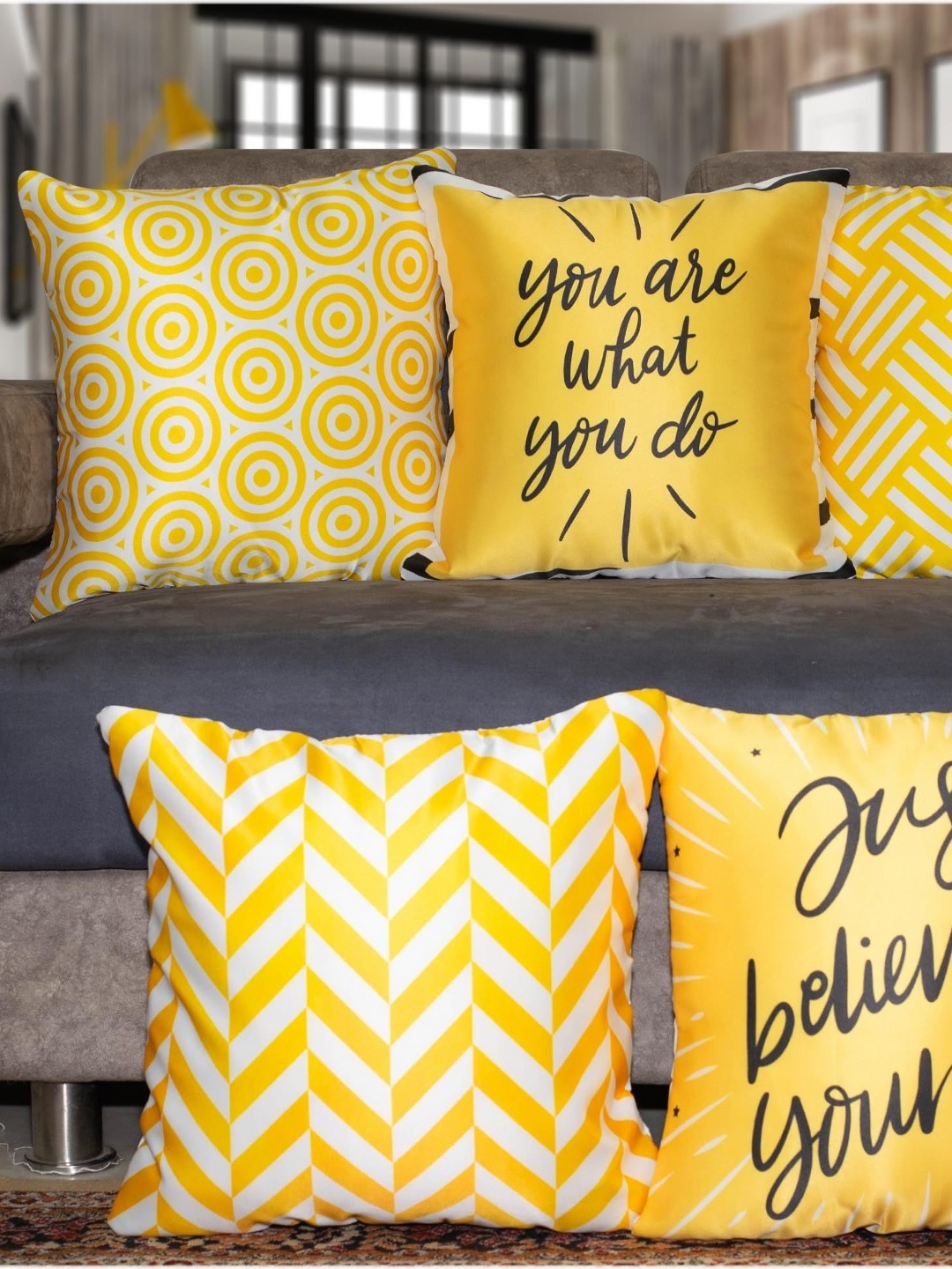 

Vendola Yellow & White 5 Pieces Geometric Square Cushion Covers