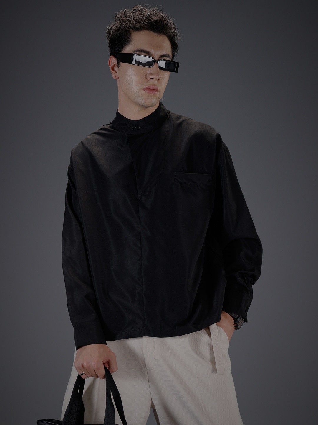

SOKO STREET Band Collar Drop-Shoulder Sleeves Relaxed Fit Casual Shirt, Black