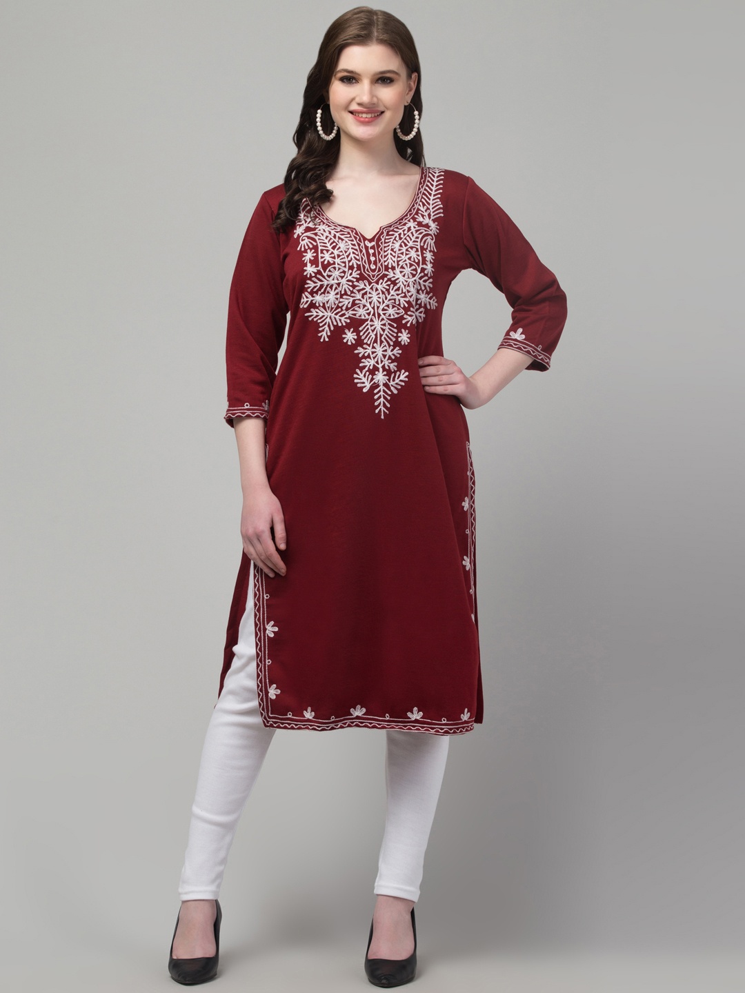 

Trend Level Women Embroidered Woollen Kurta, Maroon