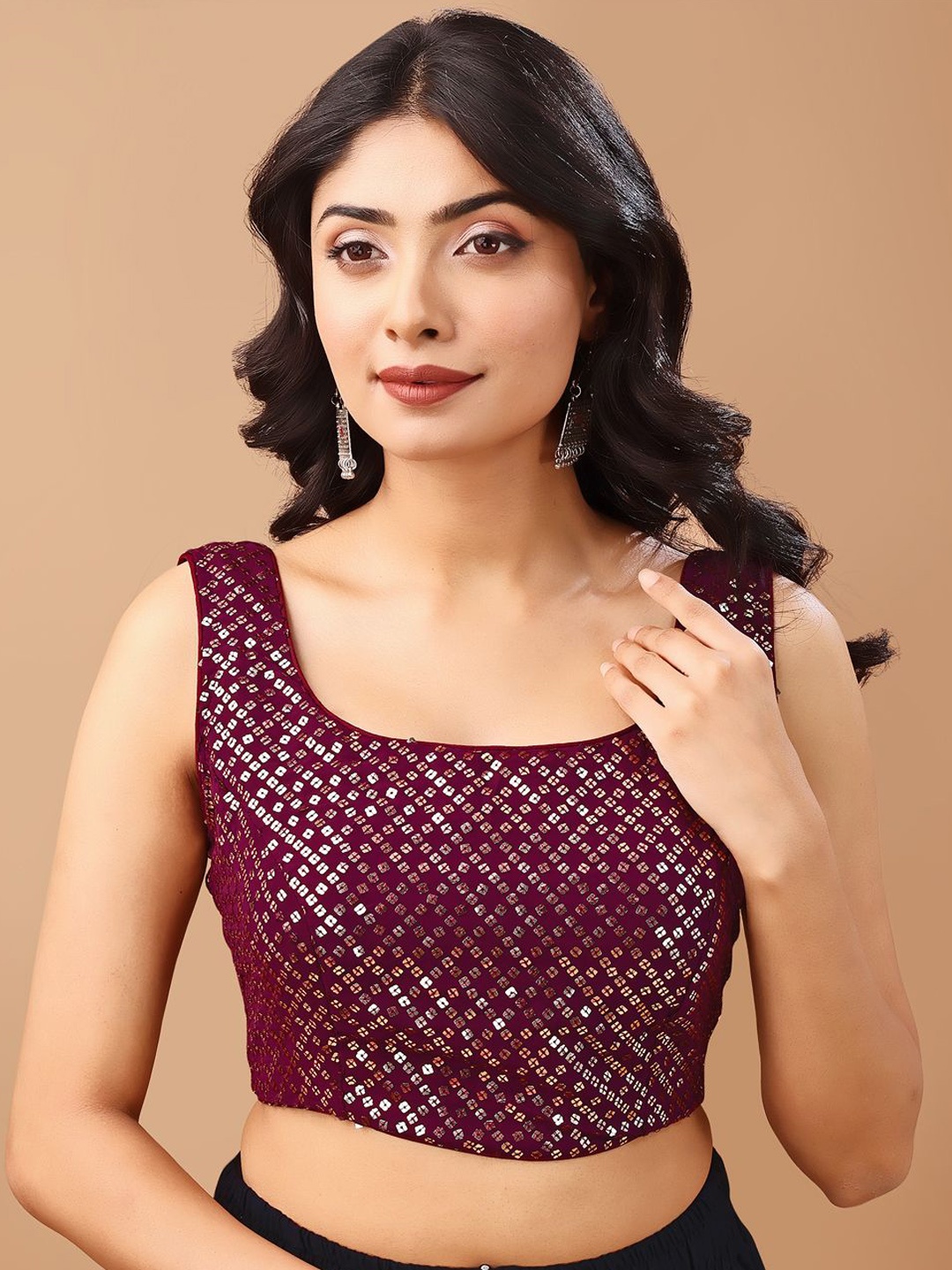 

Tikhi Imli Sequin Embellished Sleeveless Saree Blouse, Magenta