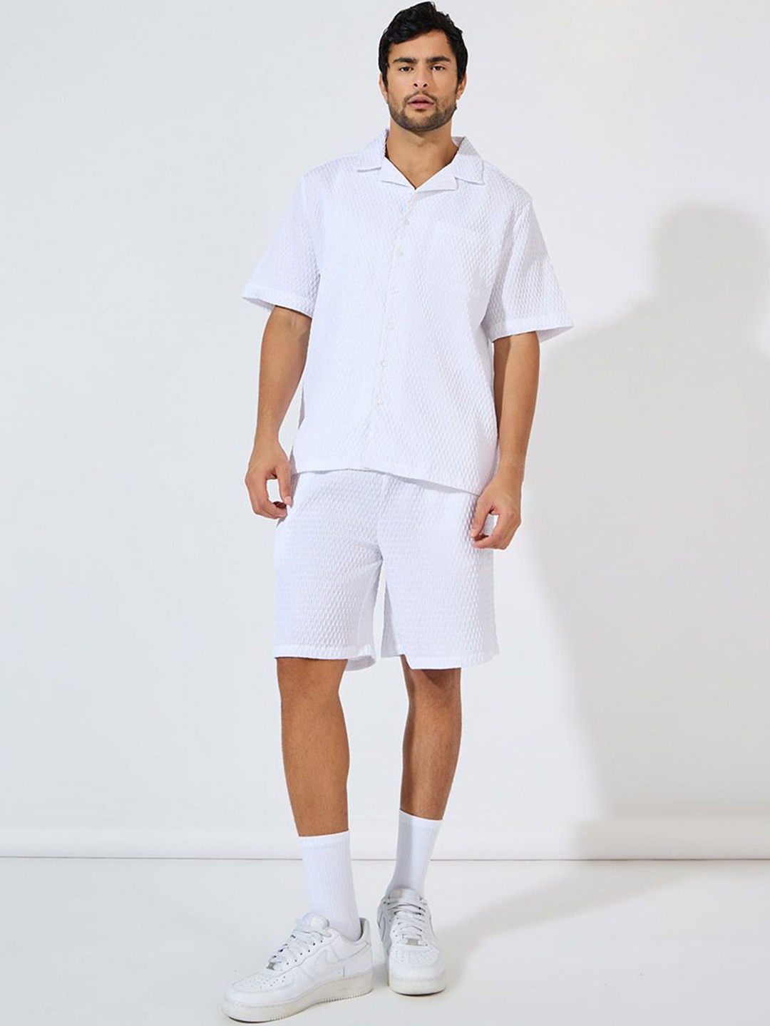 

Styli Men Relaxed Textured Woven Shirt and Short Co-Ords, White