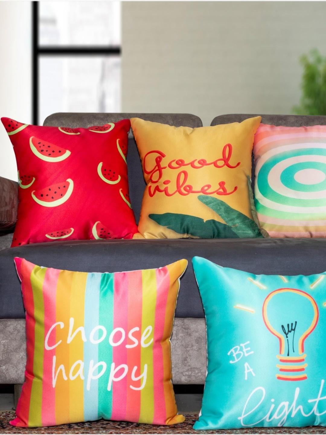 

Vendola Red & Blue 5 Pieces Quirky Satin Square Cushion Covers