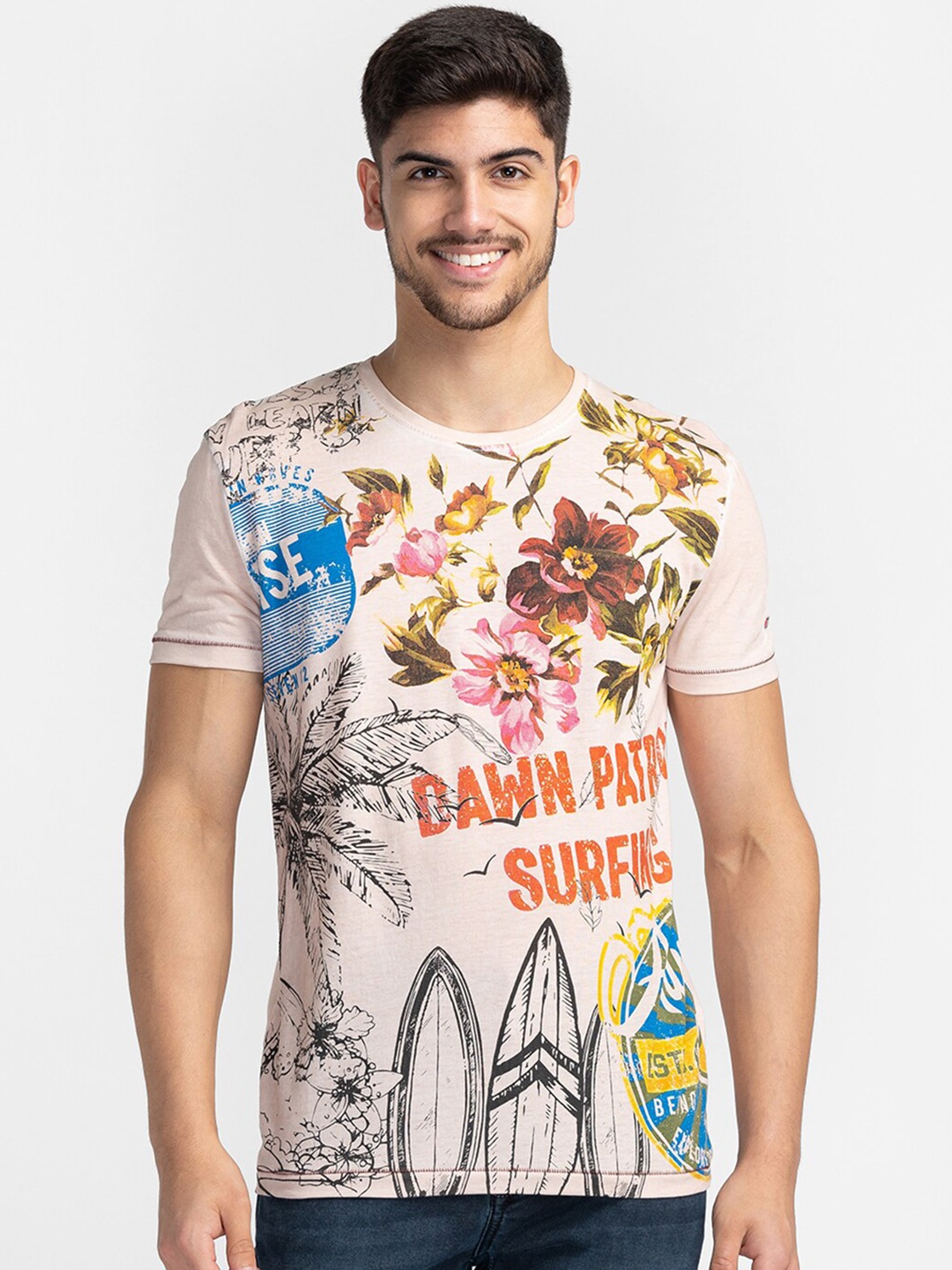 

Being Human Floral Printed Round Neck T-shirt, Peach