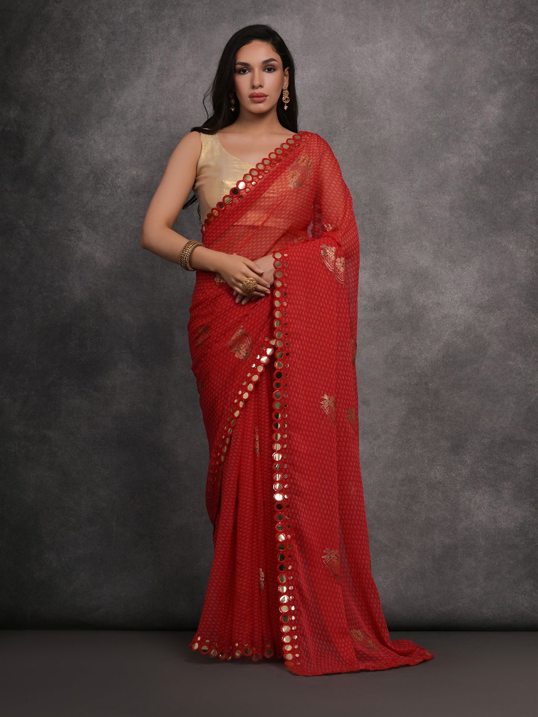 

Mitera Ethnic Motifs Mirror Work Saree, Red