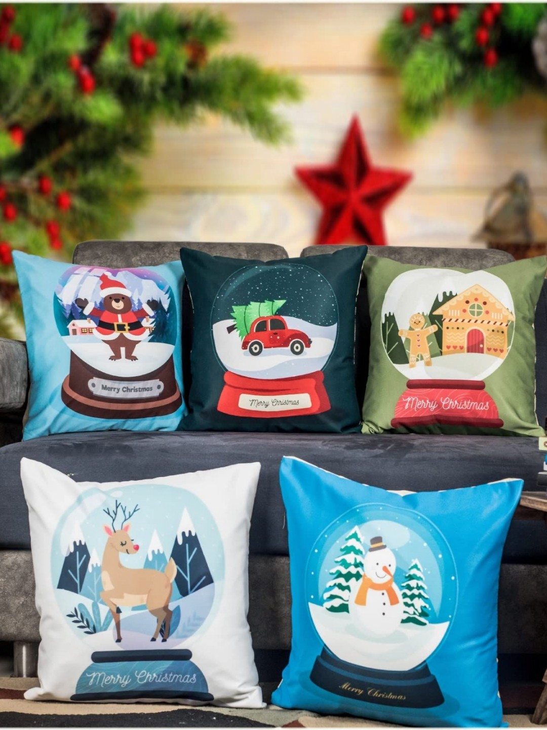 

Vendola Green & White 5 Pieces Quirky Printed Satin Square Cushion Covers
