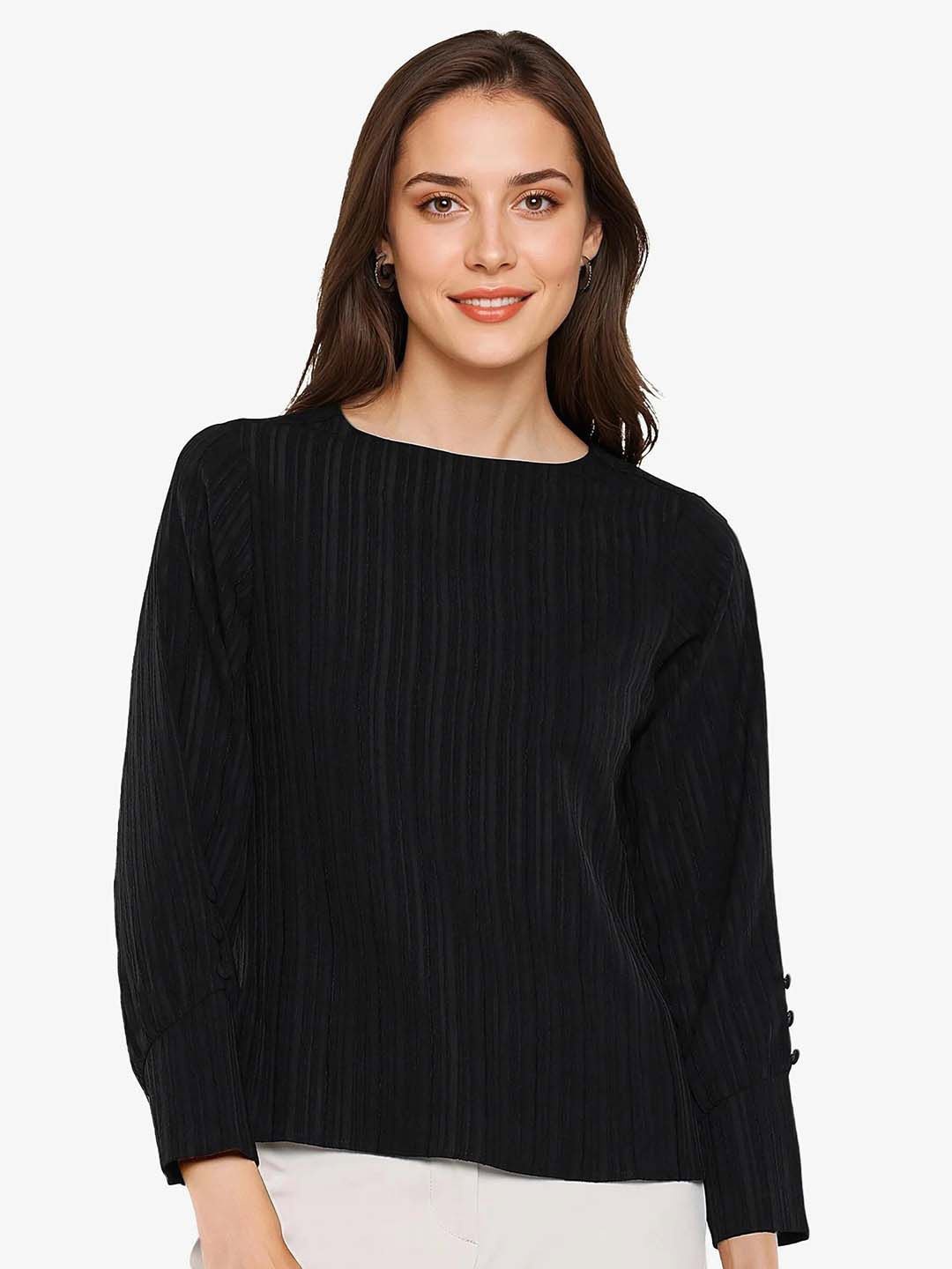 

RAREISM Women Solid Boat Neck Top, Black